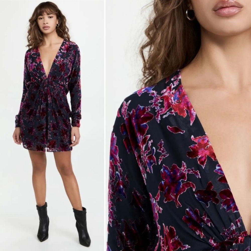 rag & bone Eloise Dress Floral Silk Mini Long Sleeve Purple Black Party Date